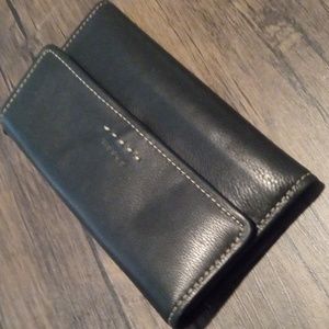 Trifold Fossil Wallet W/Removable Checkbook Cover Leather Black/Cream